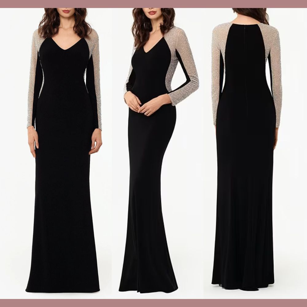 NWT $299 XSCAPE [ PETITE 6P ] V-Neck Long Sleeve‎ Embellished Gown Black #Q900